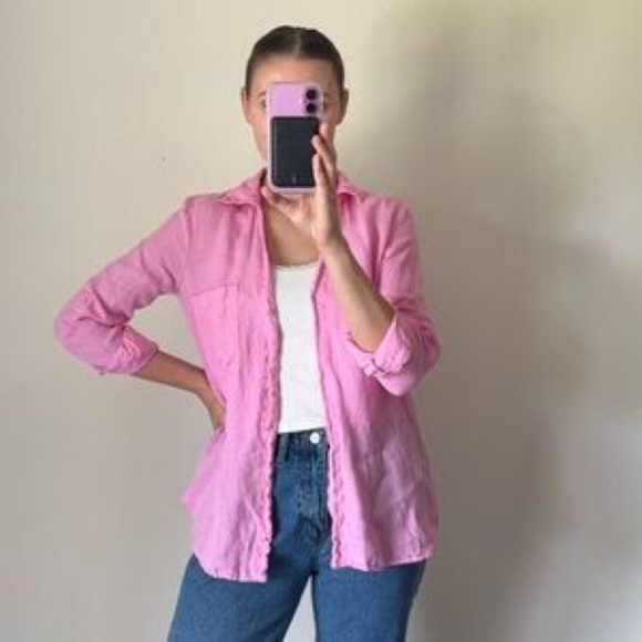Zara Tops - Zara Basics 100% Linen Collared Long Sleeve Button Up Pink & Gold Shirt Size‎ XS